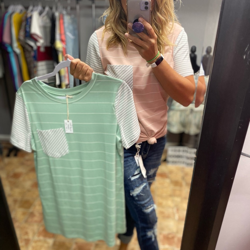 BOUTIQUE S/S Stripe Pocket Tee (pink) NEW!